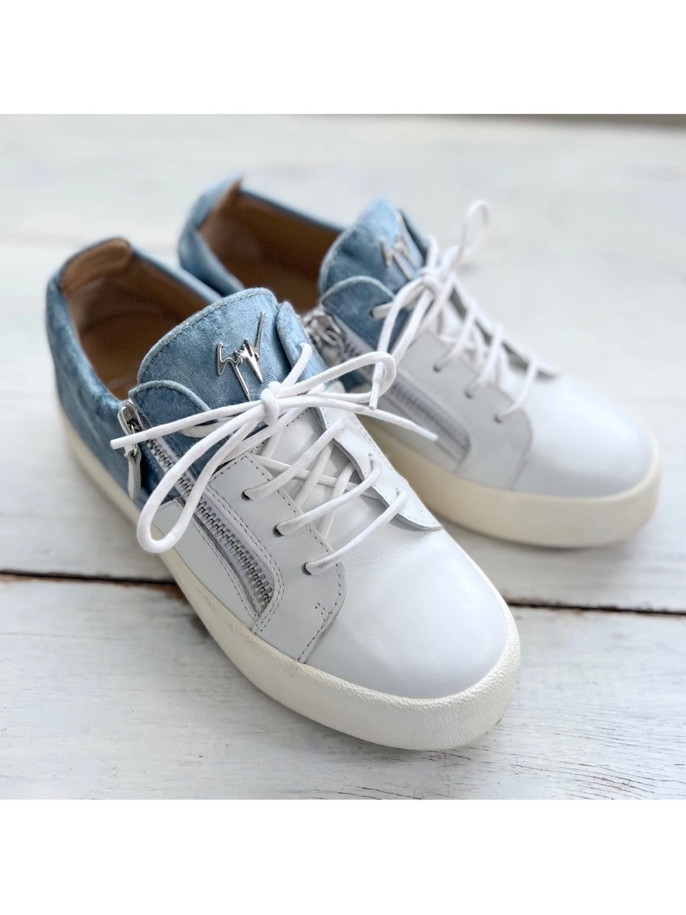 Giuseppe Zanotti Blue Velvet White Leather Zip Sneakers Women's EU 38 US 8 Italy